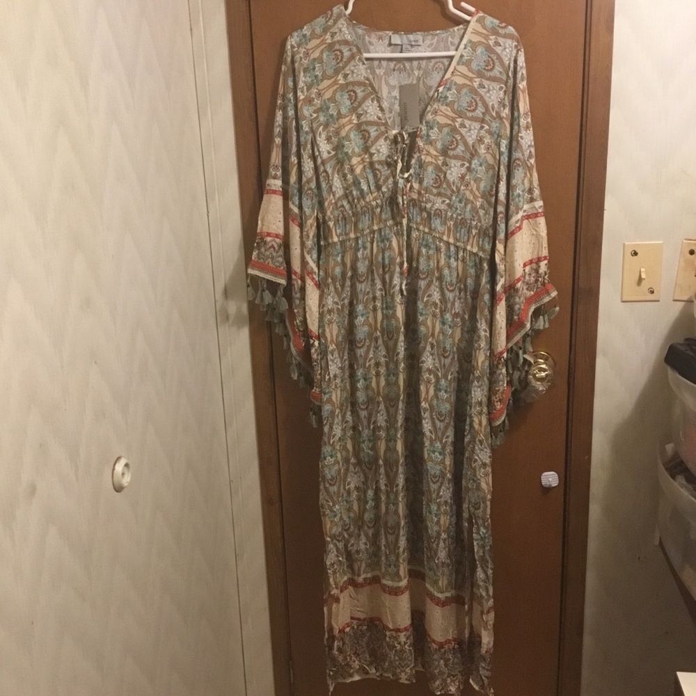 Bohemian Floral Print Woven Bell Sleeve Flounce Peasant Maxi Hippie Dress L - Picture 8 of 12